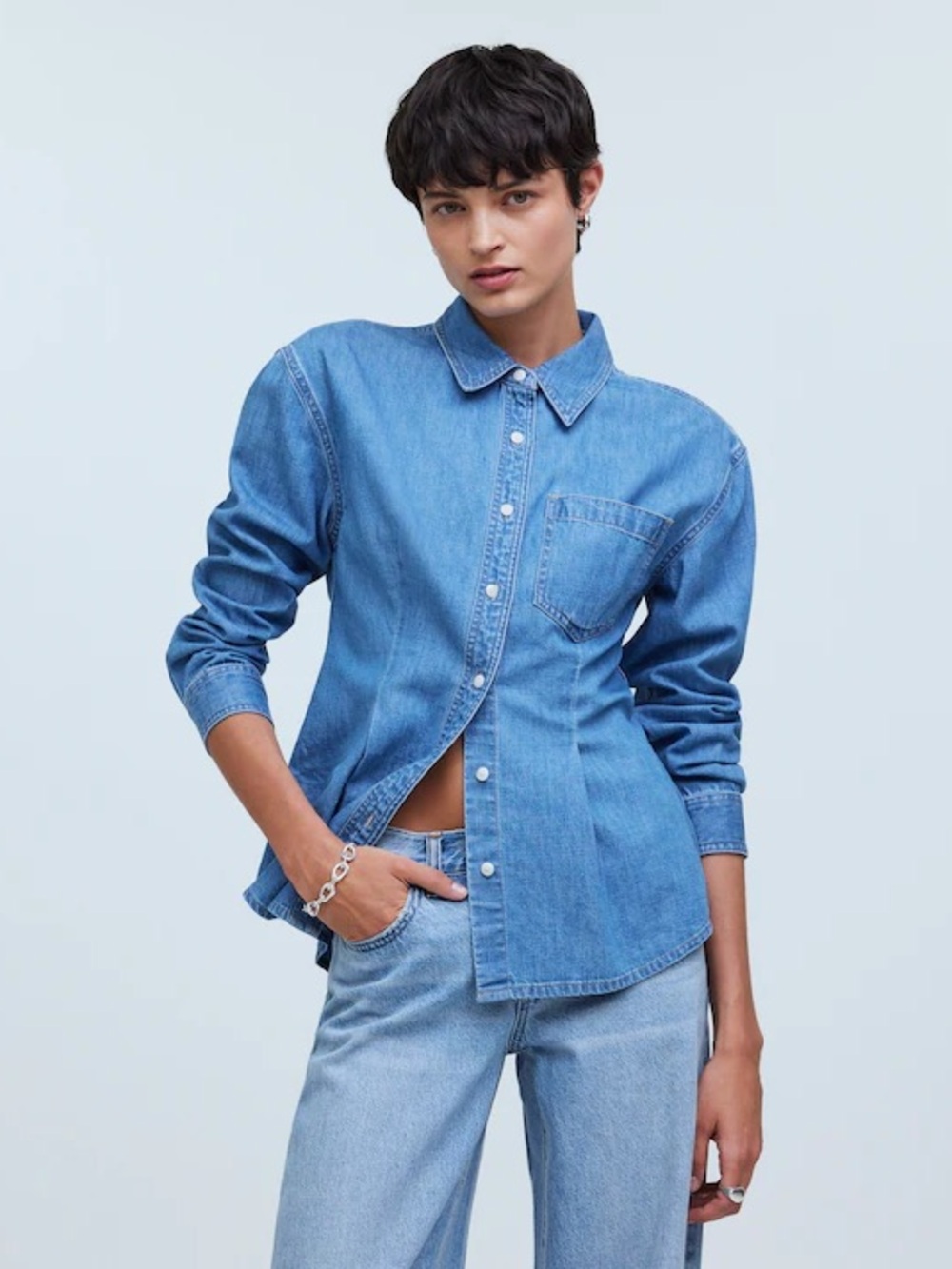 Denim Darted Button-Up Shirt in Winnset Wash